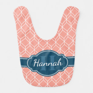 Pink Geometric Diamond Pattern Blue Monogram Baby Bib