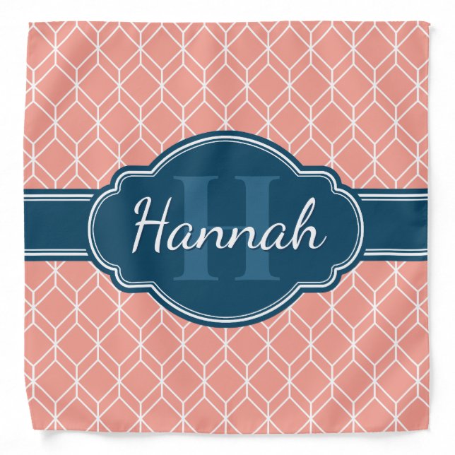 Pink Geometric Diamond Pattern Blue Monogram Bandana (Front)