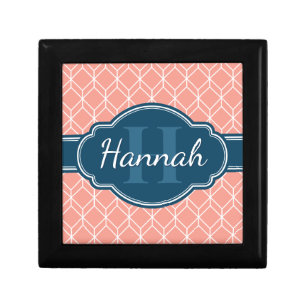 Pink Geometric Diamond Pattern Blue Monogram Gift Box