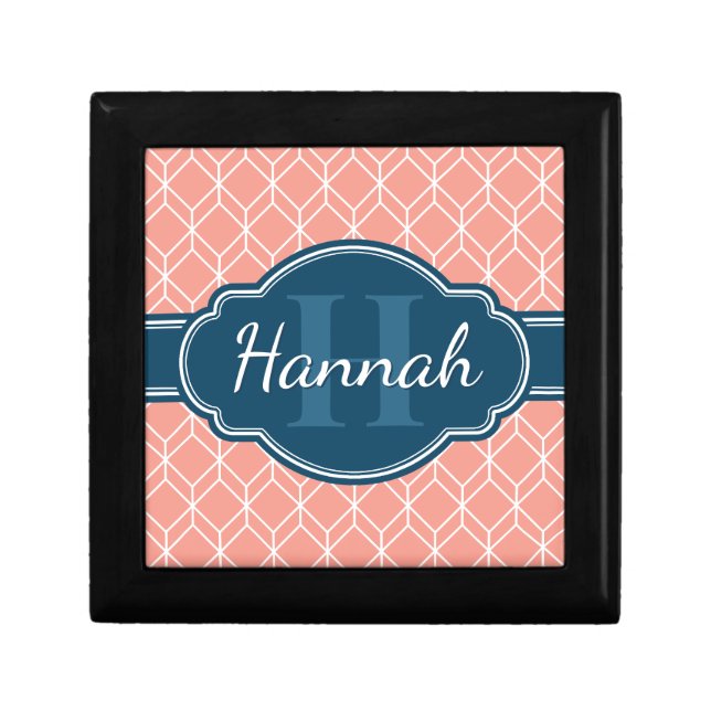Pink Geometric Diamond Pattern Blue Monogram Gift Box (Front)