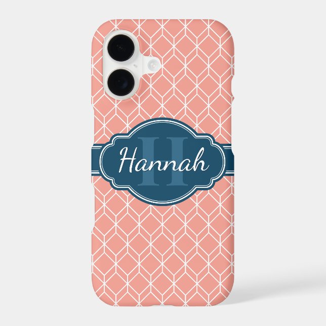 Pink Geometric Diamond Pattern Blue Monogram Iphone Case (Back)