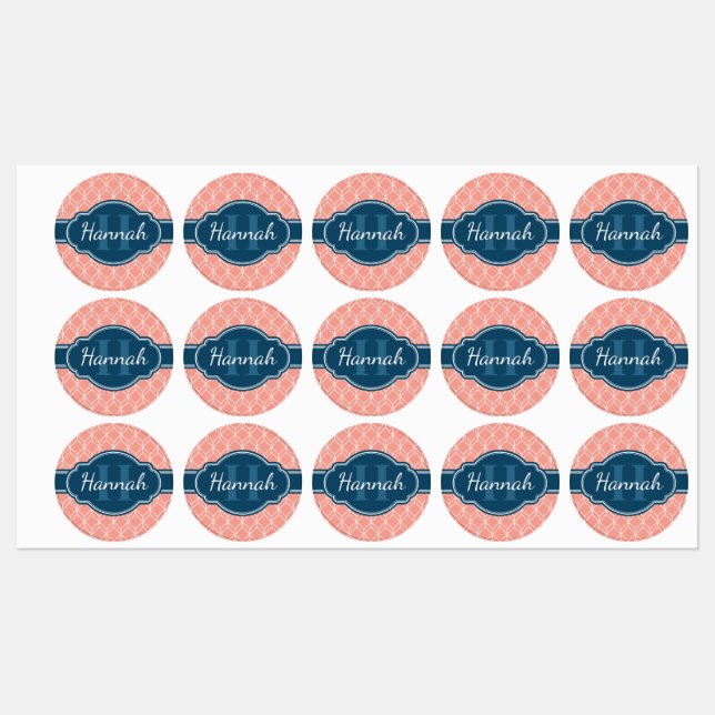 Pink Geometric Diamond Pattern Blue Monogram Labels (Sheet)