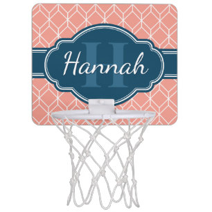 Pink Geometric Diamond Pattern Blue Monogram Mini Basketball Hoop