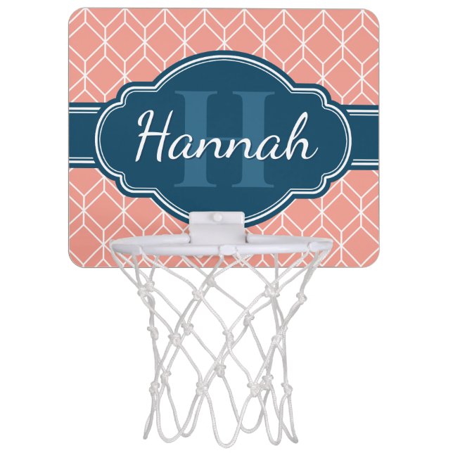 Pink Geometric Diamond Pattern Blue Monogram Mini Basketball Hoop (Front)