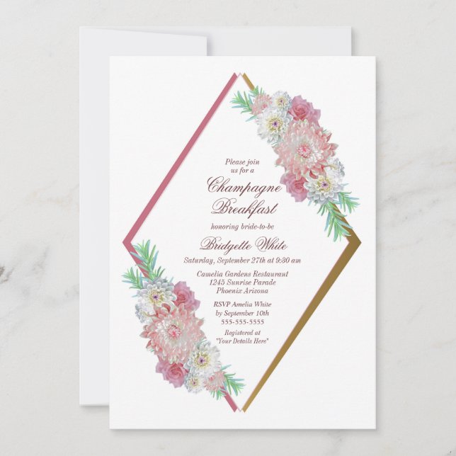 Pink Geometric Floral Champagne Breakfast Invitation (Front)