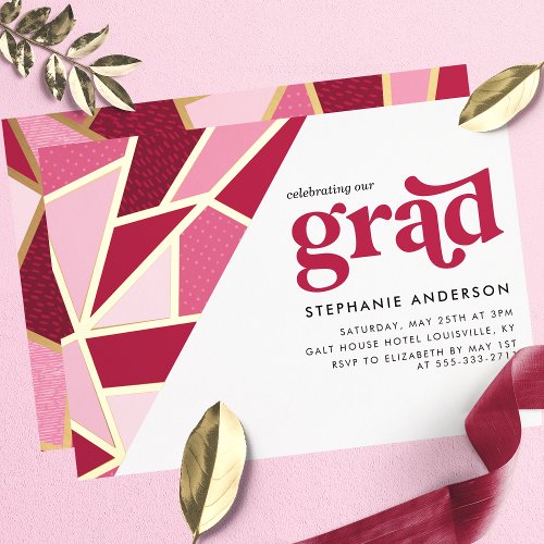 Pink Geometric Gold Modern Graduation Party Foil Invitation