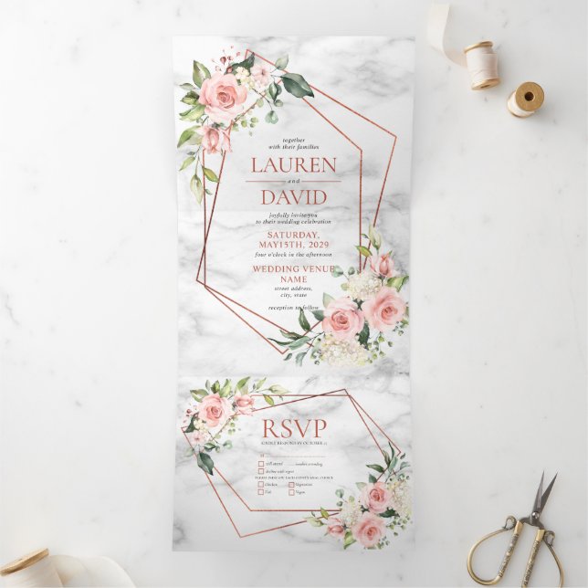 Pink Geometric Marble Floral Eucalyptus Wedding Tri-Fold Invitation (Inside)