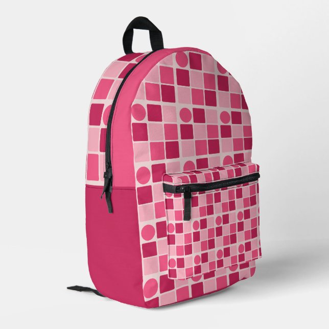 Pink Geometric Squares and Circles Pattern Backpac Printed Backpack (Back Corner Left)