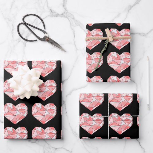 Pink Geometric Watercolor Heart Wrapping Paper Sheets