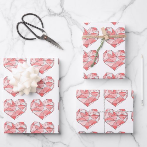 Pink Geometric Watercolor Heart Wrapping Paper Sheets