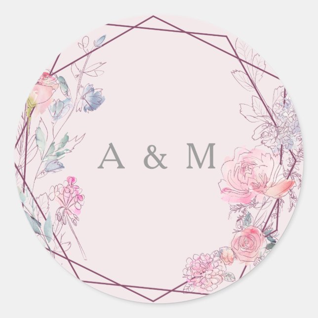Pink Geometric Wreath Flowers Modern Wedding Classic Round Sticker (Front)