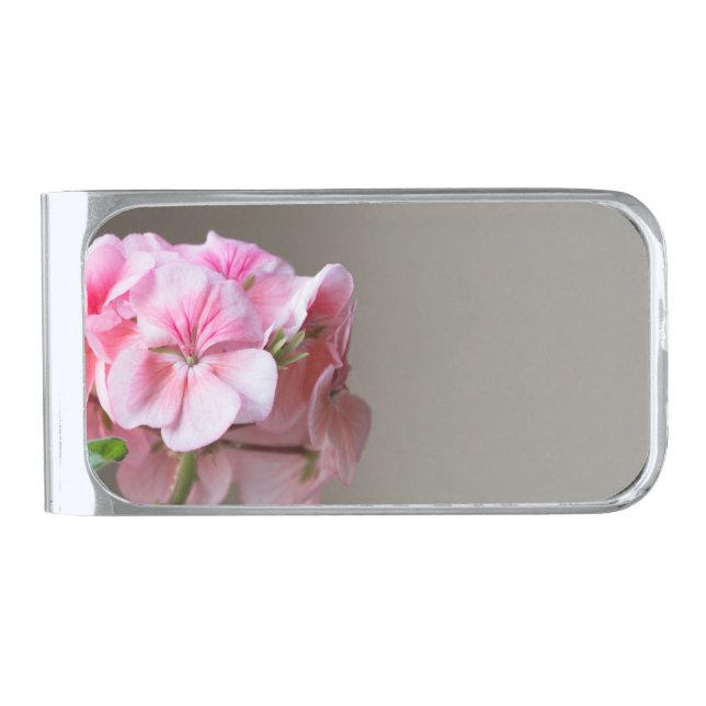 Pink geranium flower silver finish money clip (Front)