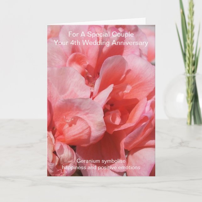 Pink Geranium Personalised 4th Wedding Anniversary Card (Front)