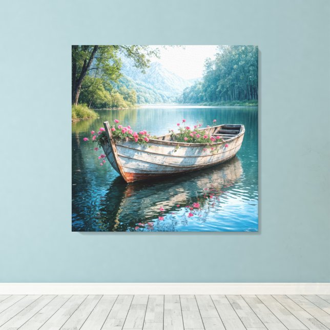 Pink Geraniums In An Old Rowboat Canvas Print (Insitu(Wood Floor))