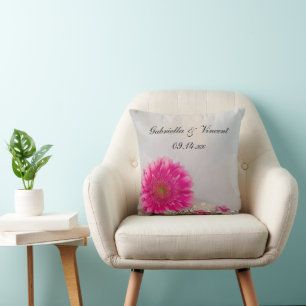 Pink Gerber Daisy and Buttons Wedding Throw Pillow