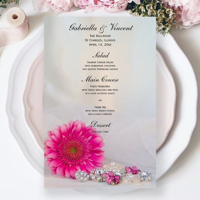 Pink Gerber Daisy and Diamond Buttons Wedding Menu (Creator Uploaded)