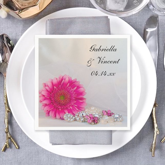 Pink Gerber Daisy and Diamond Buttons Wedding Paper Napkins (Creator Uploaded)
