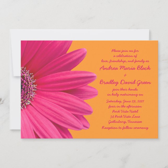 Pink Gerber Daisy and Orange Wedding Invitation (Front)