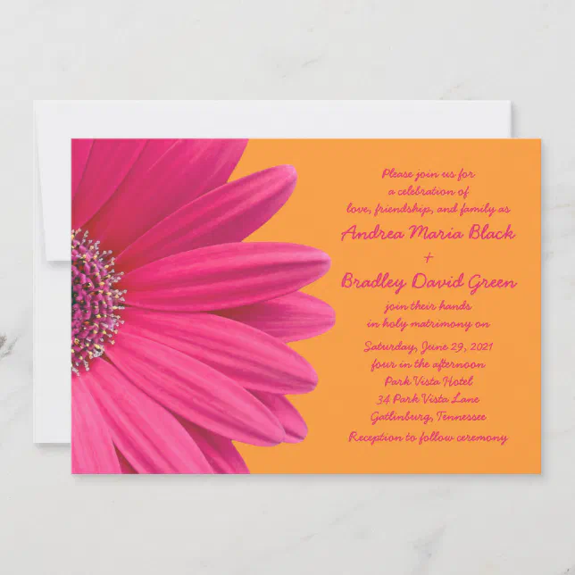 Pink Gerber Daisy and Orange Wedding Invitation | Zazzle