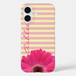 Pink Gerber Daisy And Stripes Add A Name iPhone 16 Case