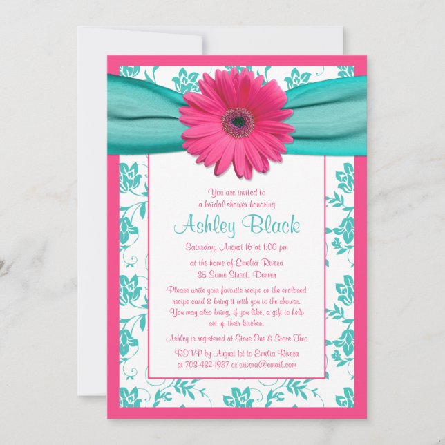 Pink Gerber Daisy Aqua Bridal Shower Invitation (Front)
