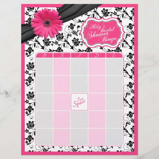 Pink Gerber Daisy Black Floral Bridal Shower Bingo (Front)