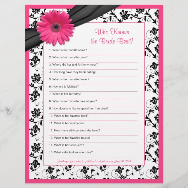 Pink Gerber Daisy Black Floral Bridal Shower Game (Front)