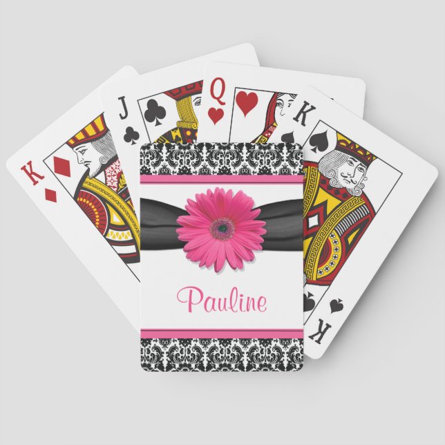 Pink Gerber Daisy Black White Damask Personalized Poker Cards (Back)