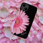 Pink Gerber Daisy Bloom iPhone 13 Case<br><div class="desc">Pretty iPhone 13 case done in black,  with graphics of a big pink Gerber daisy bloom peeking over,  from the left side of the case.   Personalize the pink text,  as a great gift idea for her.</div>