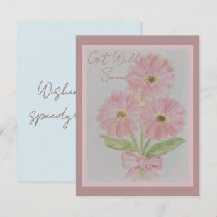 Pink Gerber Daisy Get Well Soon Watercolor Flat Note Card