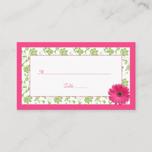 Customizable Pink Gerber Daisy Green Damask Wedding Place Cards Business Card Templates