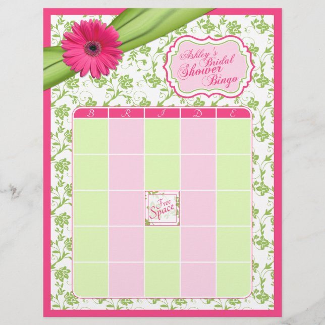 Pink Gerber Daisy Green Floral Bridal Shower Bingo (Front)