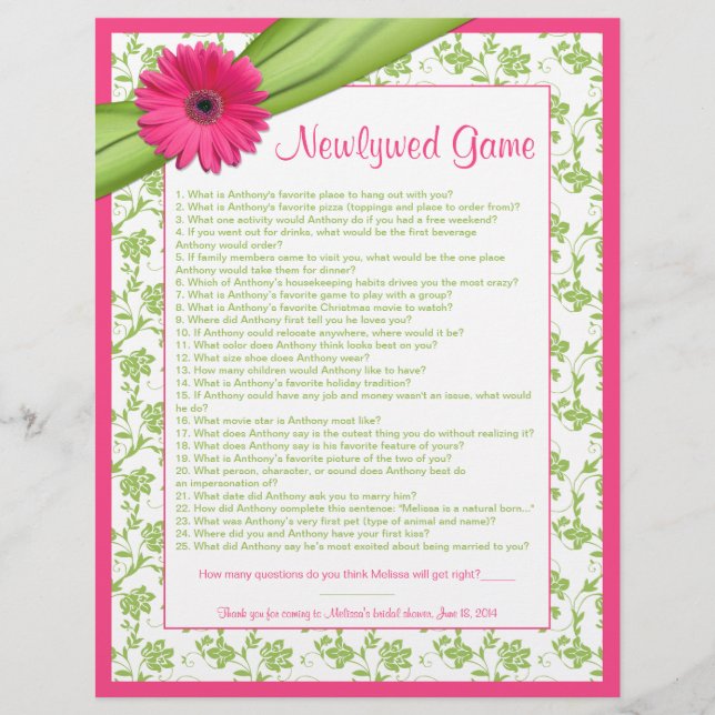 Pink Gerber Daisy Green Floral Bridal Shower Game (Front)