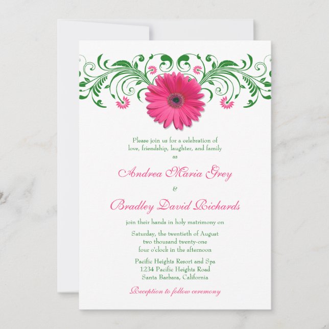Pink Gerber Daisy Green Floral Wedding Invitation (Front)