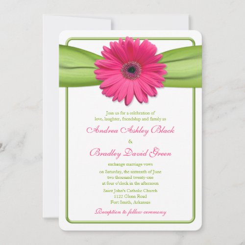 Pink Gerber Daisy Green Ribbon Wedding Invitation