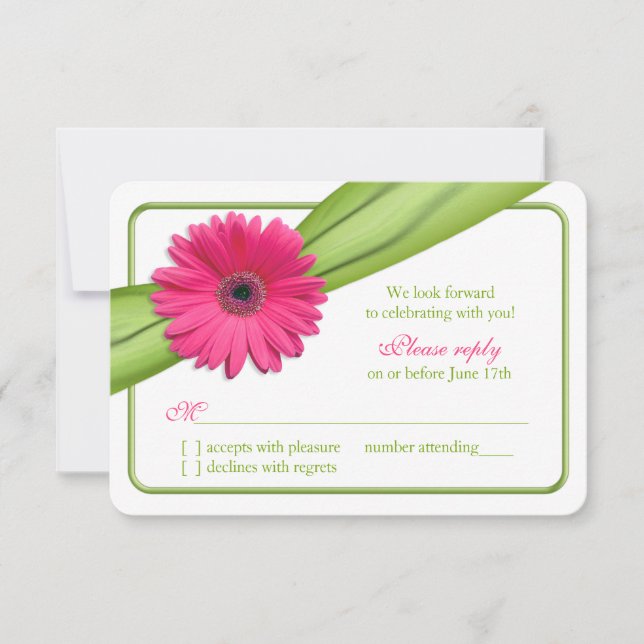 Pink Gerber Daisy Green Ribbon Wedding RSVP Card (Front)