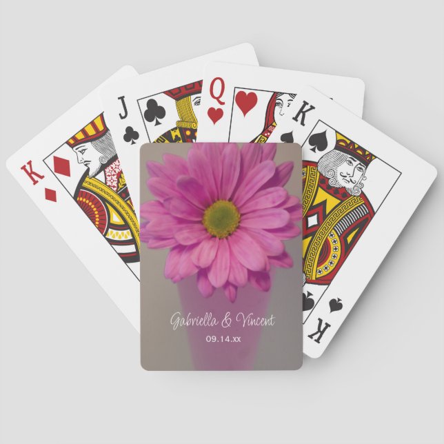 Pink Gerber Daisy in Vase Wedding Poker Cards (Back)