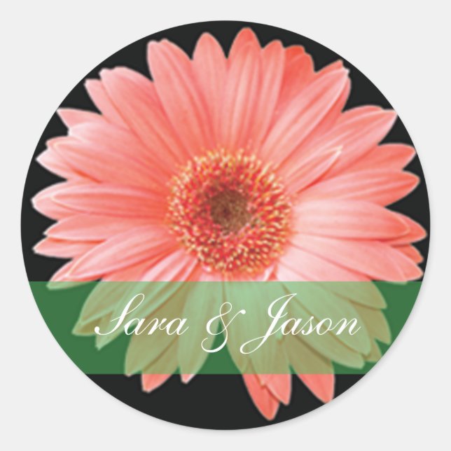 Pink Gerber Daisy on black wedding sticker (Front)