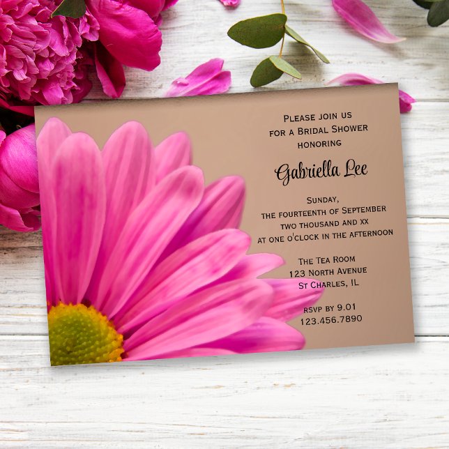 Pink Gerber Daisy on Tan Bridal Shower Invitation (Creator Uploaded)