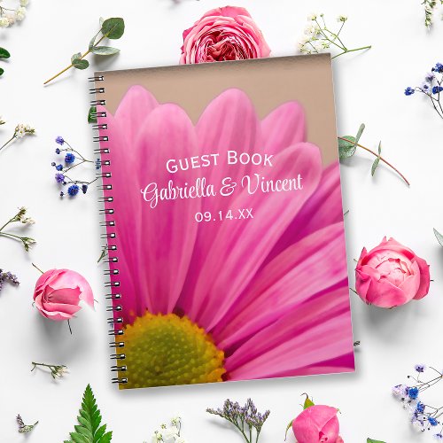 Pink Gerber Daisy on Tan Wedding Notebook