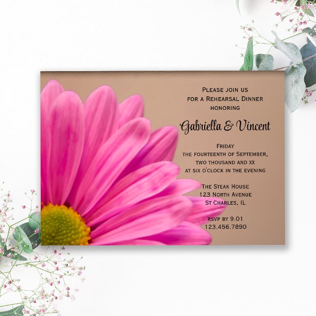 Pink Gerber Daisy on Tan Wedding Rehearsal Dinner Invitation (Creator Uploaded)