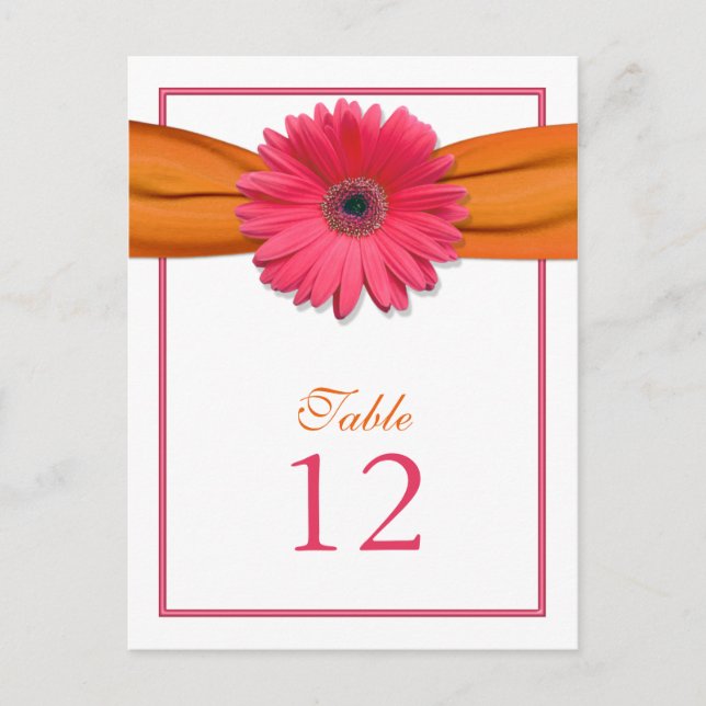 Pink Gerber Daisy Orange Ribbon Table Number Card (Front)