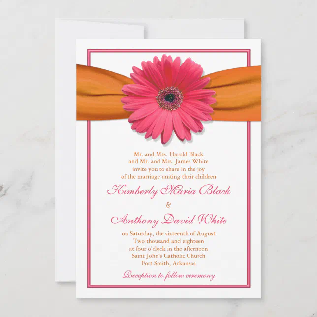 Pink Gerber Daisy Orange Ribbon Wedding Invitation | Zazzle