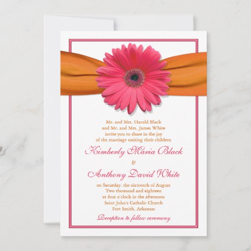 Pink Gerber Daisy Orange Ribbon Wedding Invitation