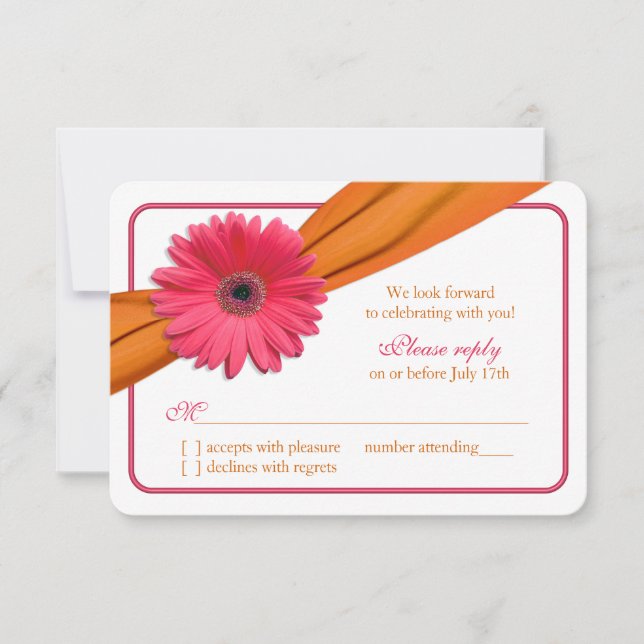 Pink Gerber Daisy Orange Ribbon Wedding RSVP (Front)