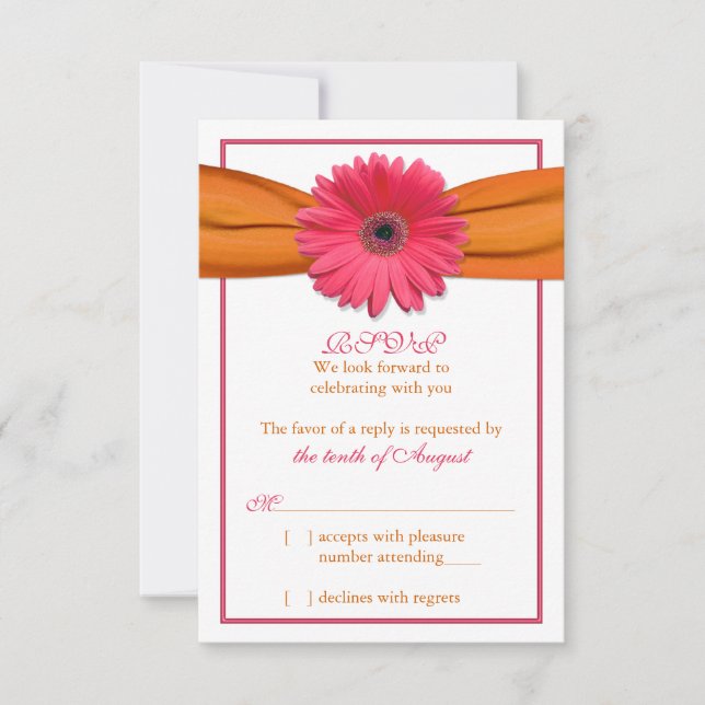 Pink Gerber Daisy Orange Ribbon Wedding RSVP Reply Card (Front)