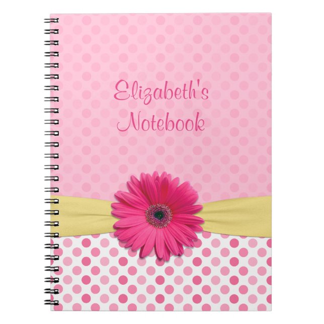 Pink Gerber Daisy Polka Dot Personalized Notebook (Front)