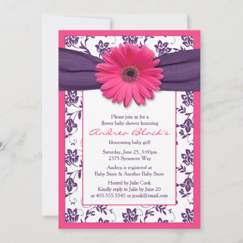 Pink Gerber Daisy Purple Floral Ribbon Baby Shower Invitation