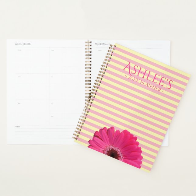 Pink Gerber Daisy Striped Personalized Planner (Display)