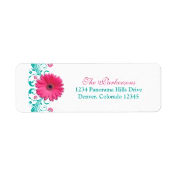 Pink Gerber Daisy Turquoise Floral Wedding Address Label by wasootch at Zazzle